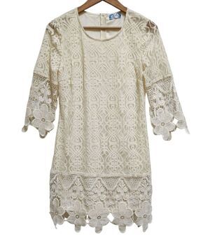 J Glee Cream Floral Crochet Lace Overlay 3/4 Slv Dress Sz M Boho Wedding Cottage